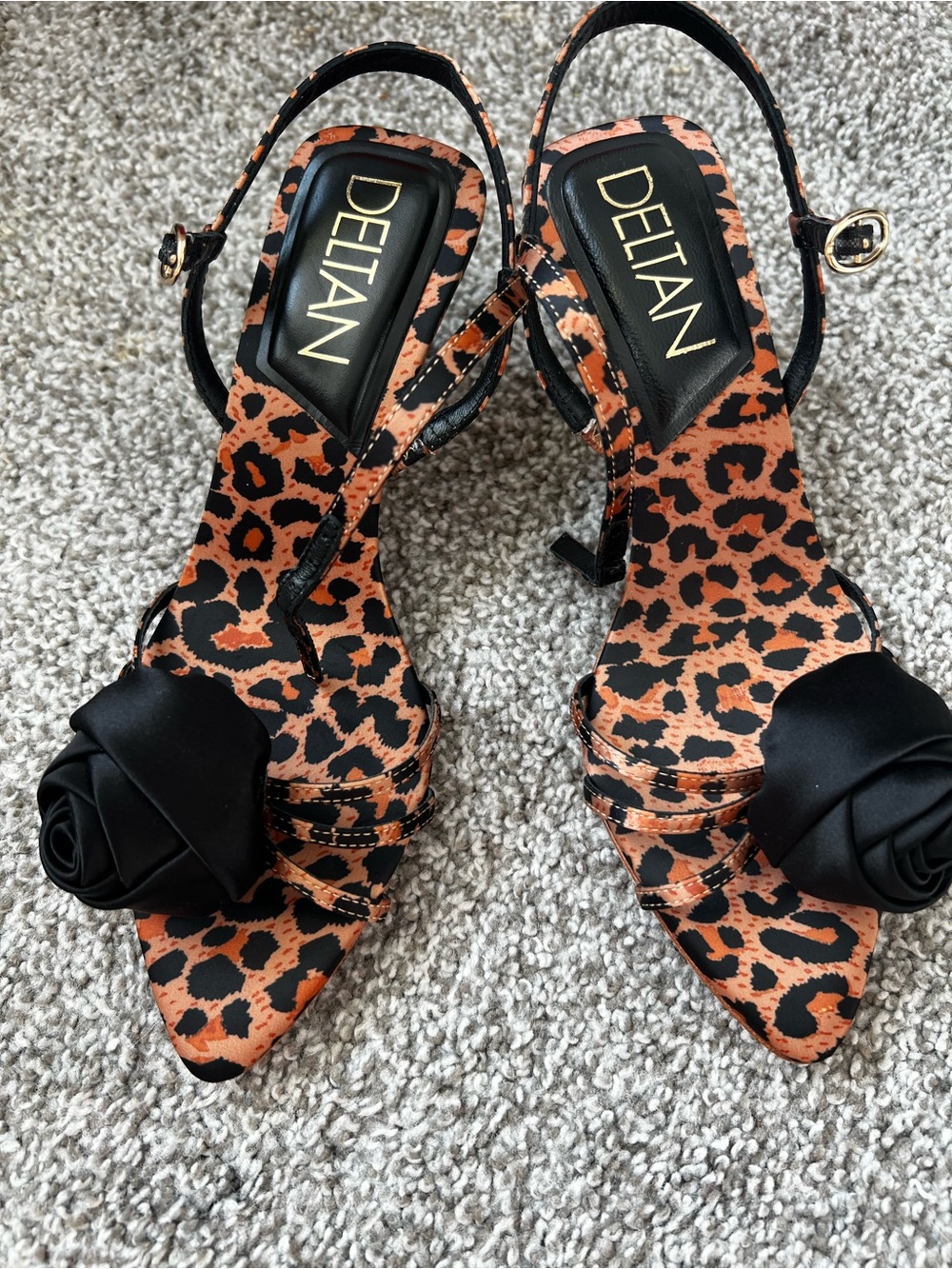 Deltan Women's Leopard Print Slingback Heels with Black Rosette
